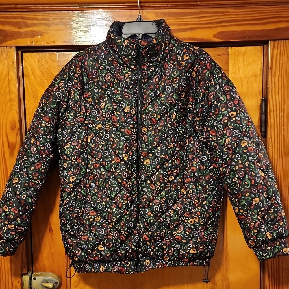 FARM Rio Borogodo Metallic Gold & Navy Patterned Reversible Puffer Jacket Small - Picture 10 of 15